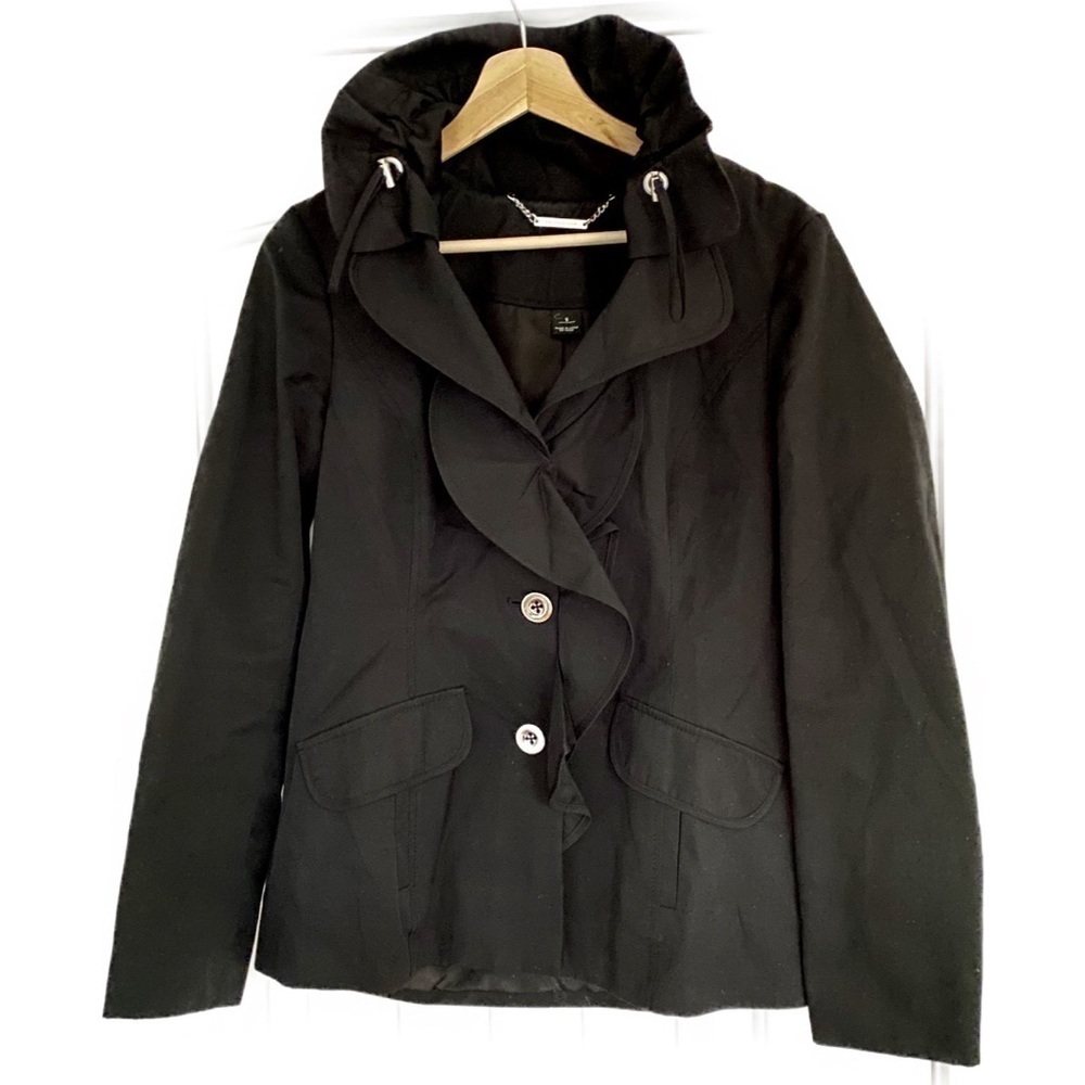 WHBM Black Ruffle Trench Coat Jacket S Small